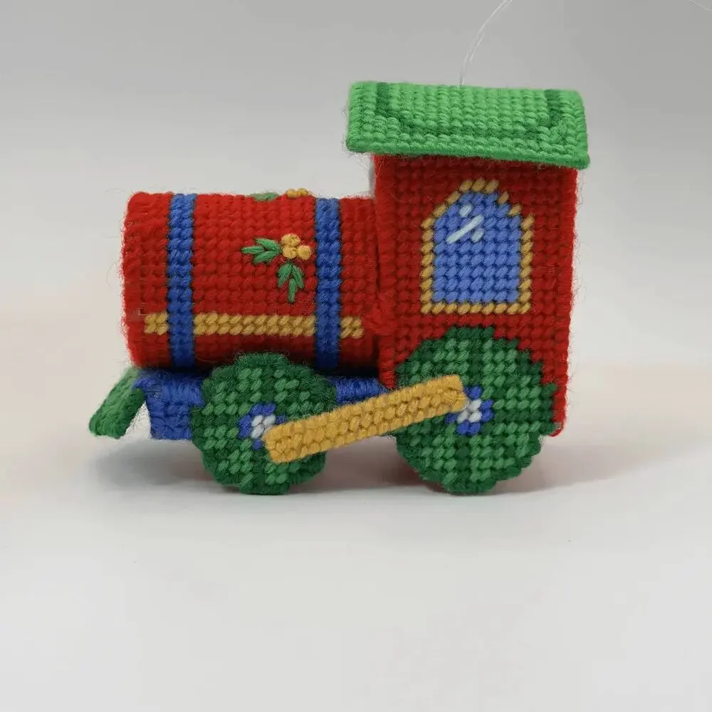 Vtg Needlepoint‎ Plastic Canvas Christmas Train Ornament Red Holiday Decor